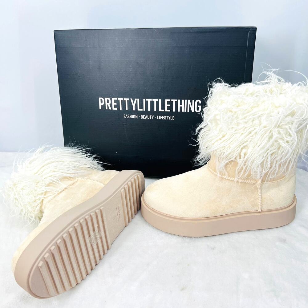 NIB PRETTY LITTLE THING Cream Nubuck & Faux Fur Platform Ankle Boots 7 Funky